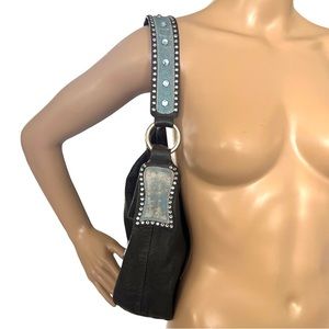 Vintage Leather Chocolate Brown Black Shoulder Bag Studded Rhinestone Strap